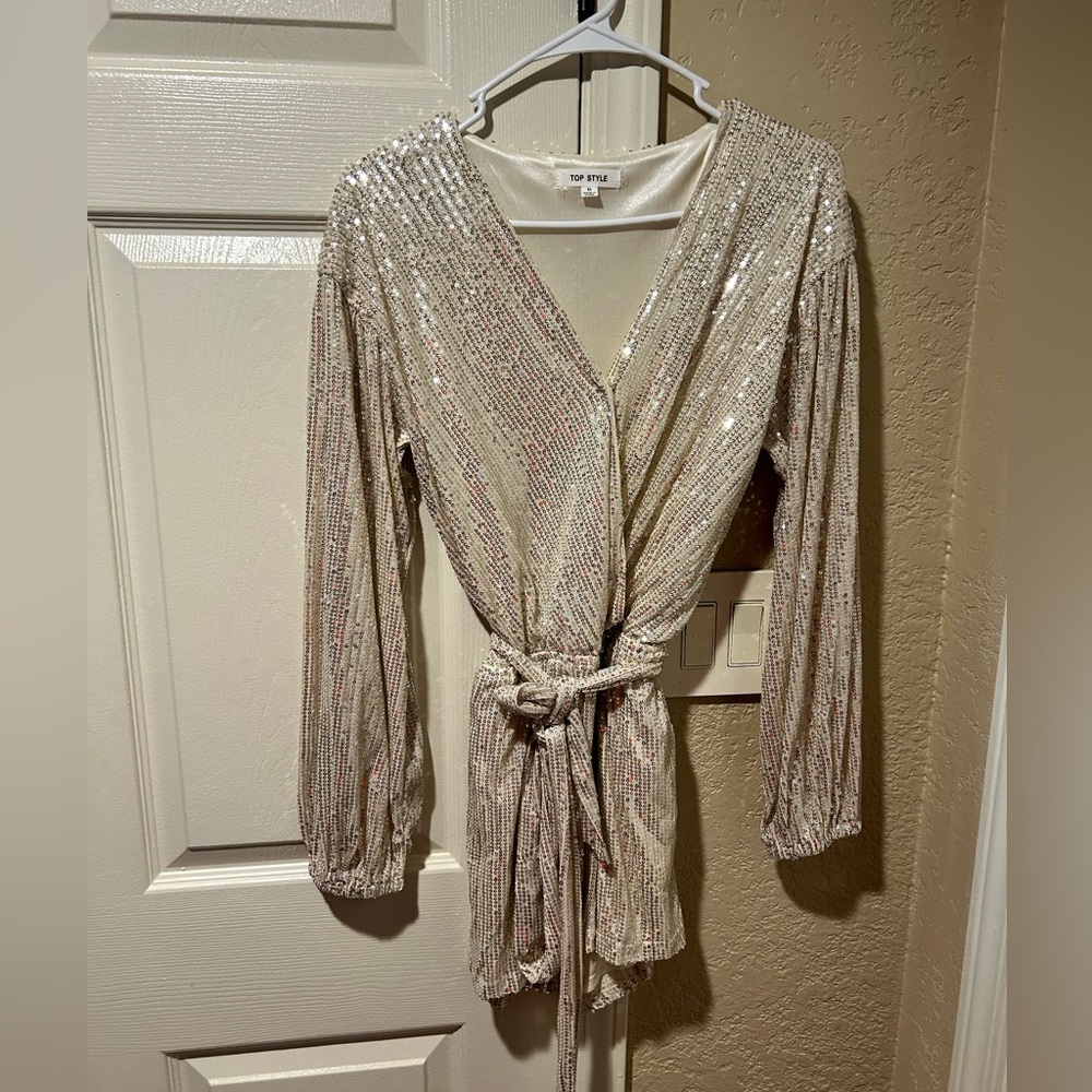 Sequin Wrap Romper with Belt
